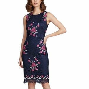 DKNY Navy Midi Lace Dress with Pink Floral Embroidery
